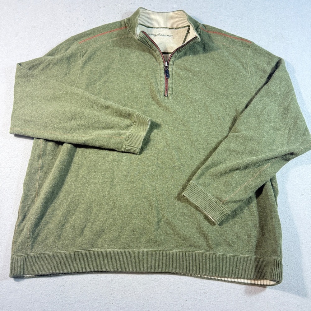 Tommy Bahama Mens Quarter Zip Pullover Sweater Olive Green Marlin Logo XL